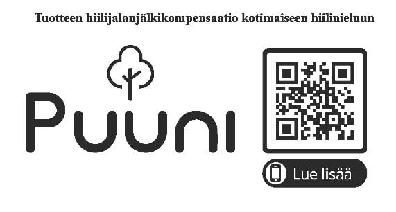 Esimerkki kassiin painettavasta kompensaatiomerkinnästä ja QR-koodista.