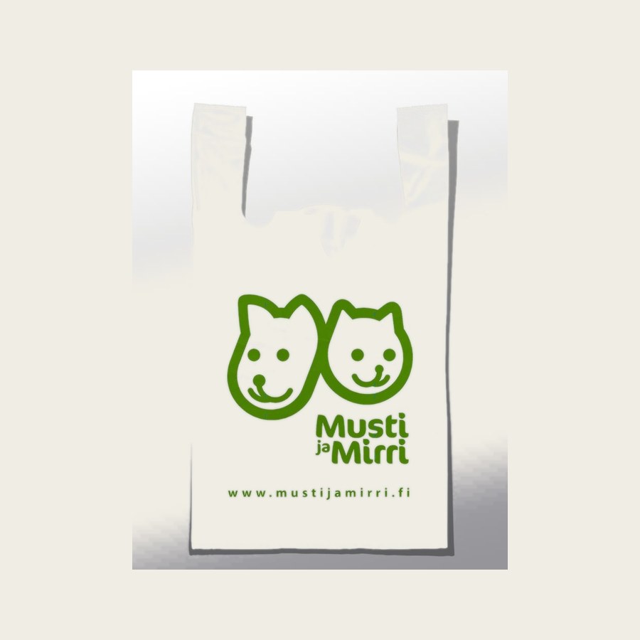 Valkoinen henkselimuovikassi, jossa Musti ja Mirri -logo.