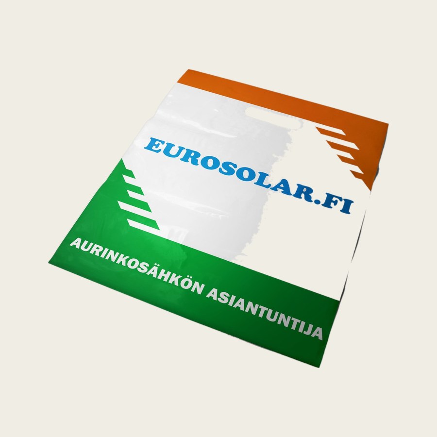 Muovikassi, jossa Eurosolar.fi-painatus.