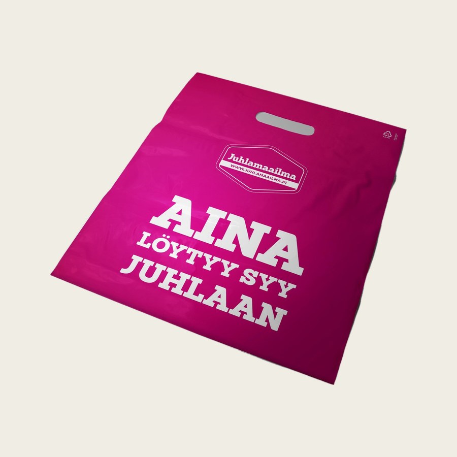 Pinkki kantoaukollinen muovikassi Ilmapallokeskuksen painatuksella.